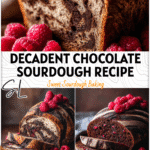 Rustic artisan sourdough bread loaf with chocolate swirls and fresh raspberries on a wooden board. 26